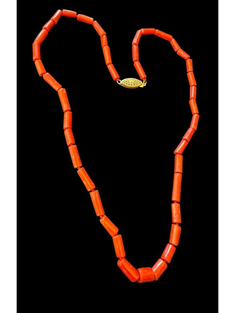 Vintage 14K Gold Genuine Red Coral Tube Bead Strand Necklace Knotted